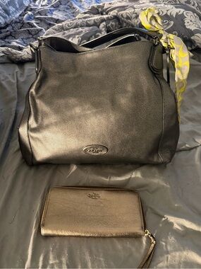 Coach Black Leather Shoulder Bag with Matching Black Wallet